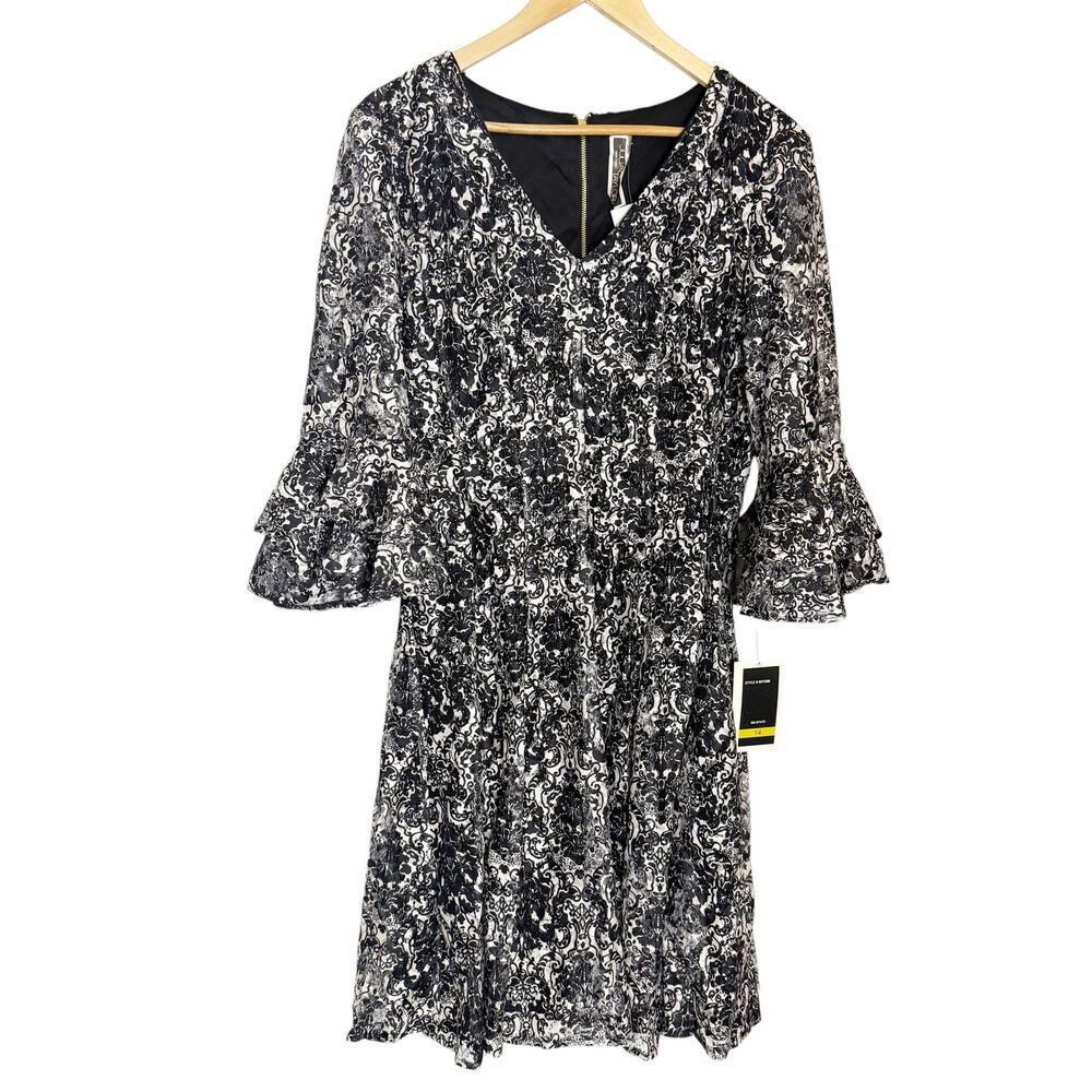 Julian Taylor Black White Damask Jacquard Lace Ruffled Bell Sleeve V-Neck Dress